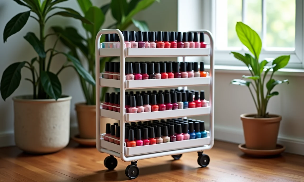 Carrinho organizador com rodinhas repleto de esmaltes coloridos e acessórios.