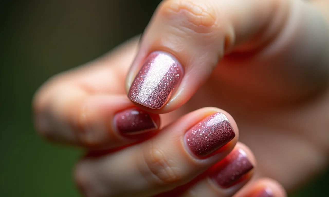 Close da unha filha única com esmalte glitter brilhante.