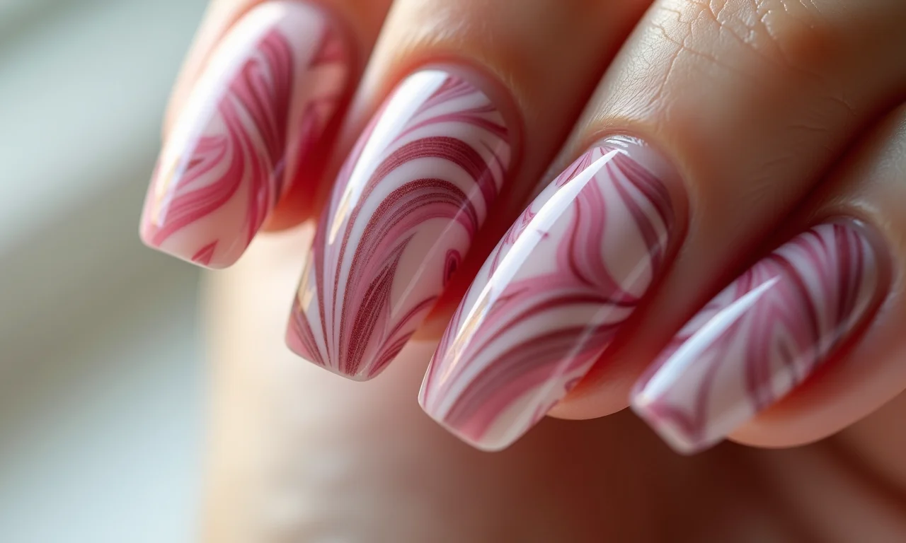 Close das unhas marmorizadas com efeito elegante.