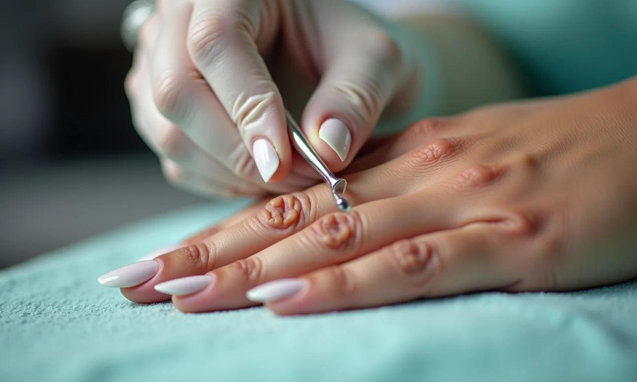 Close-up das mãos de uma manicure demonstrando uma técnica de cuidado com as unhas.