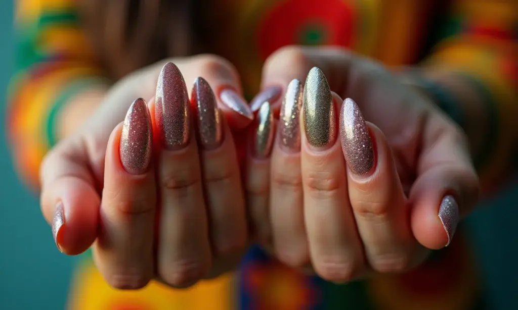 Unha Decorada Com Brilho: Inspirações de Glamour e Estilo Close-up de mãos com unhas decoradas com glitter, arte brasileira.