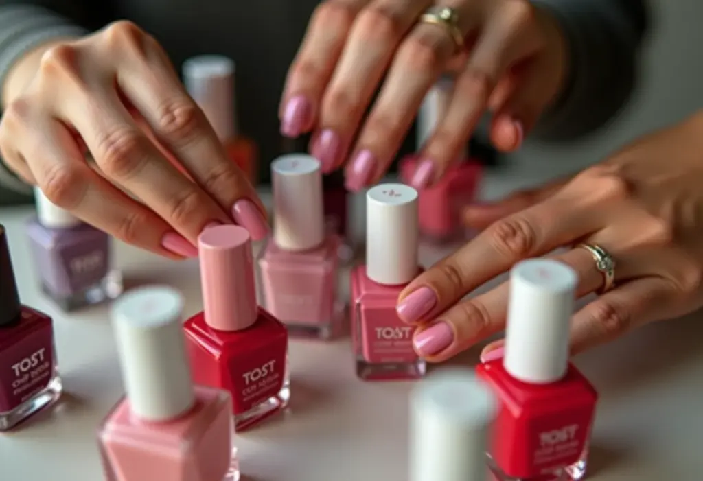 Close-up de mãos diversas aplicando esmaltes coloridos com secagem rápida.