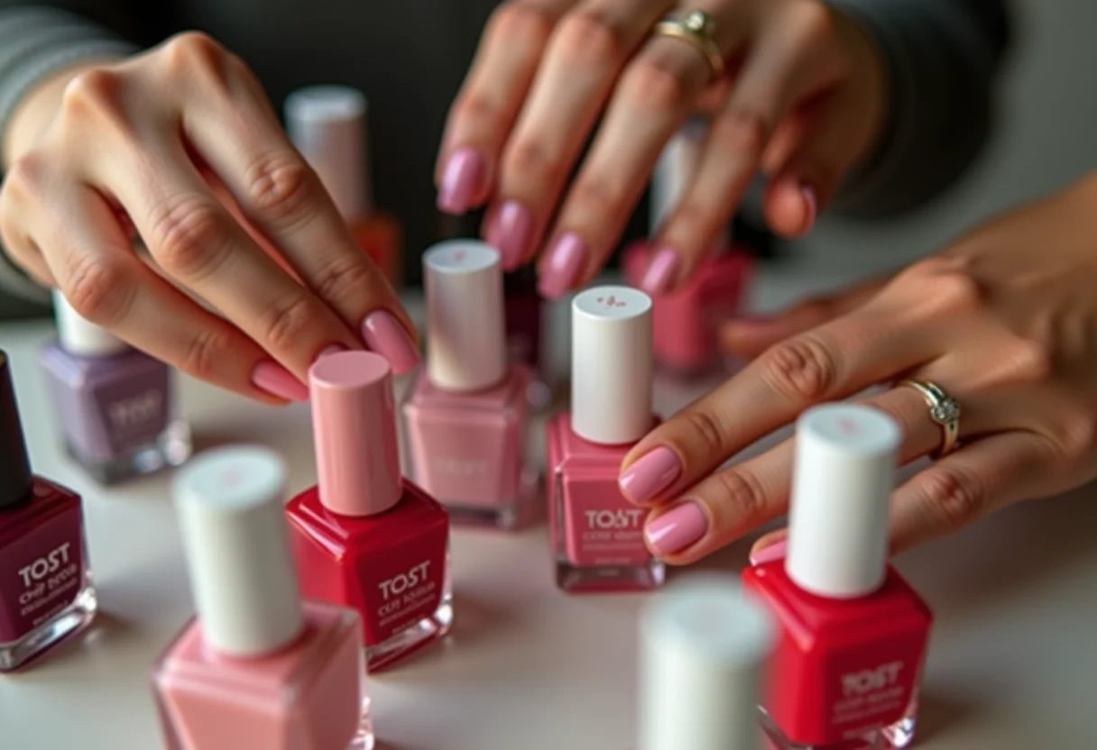 Close-up de mãos diversas aplicando esmaltes coloridos com secagem rápida.