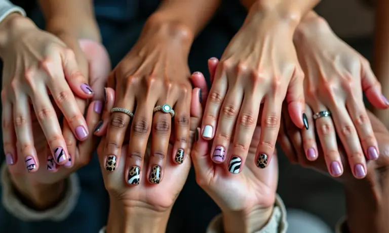 Close-up de mãos diversas exibindo unhas decoradas com estampas de animais.