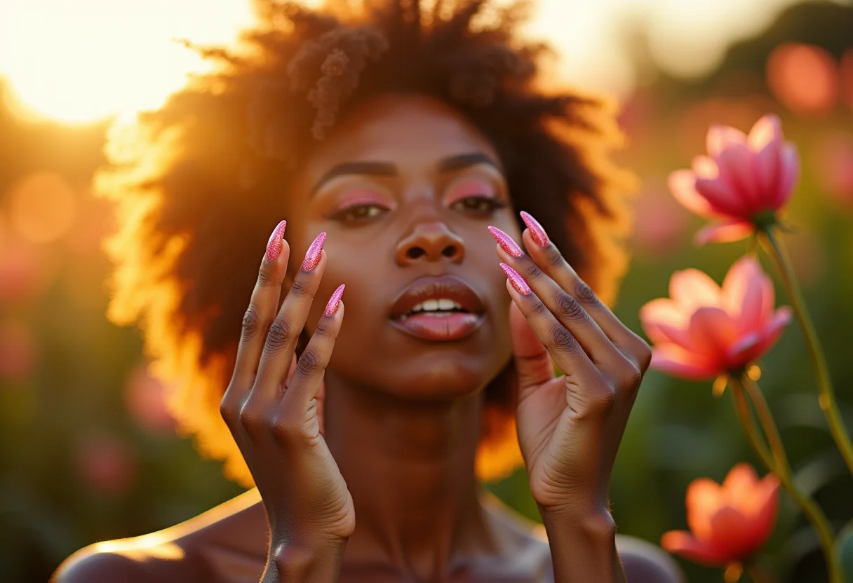 Close-up de mãos femininas com unhas decoradas coloridas e modernas.