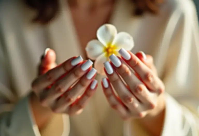 Close-up de mãos femininas com unhas quadradas brancas decoradas segurando flor.