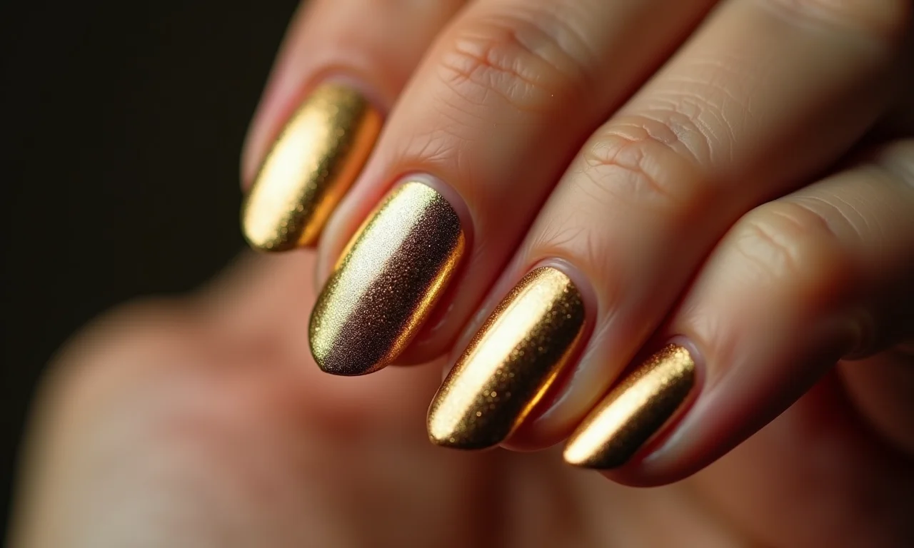 Close-up de unhas douradas e elegantes para o Ano Novo.