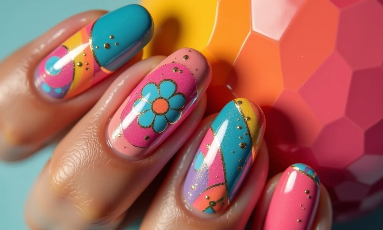 Colagem de unhas com nail art moderna e colorida.