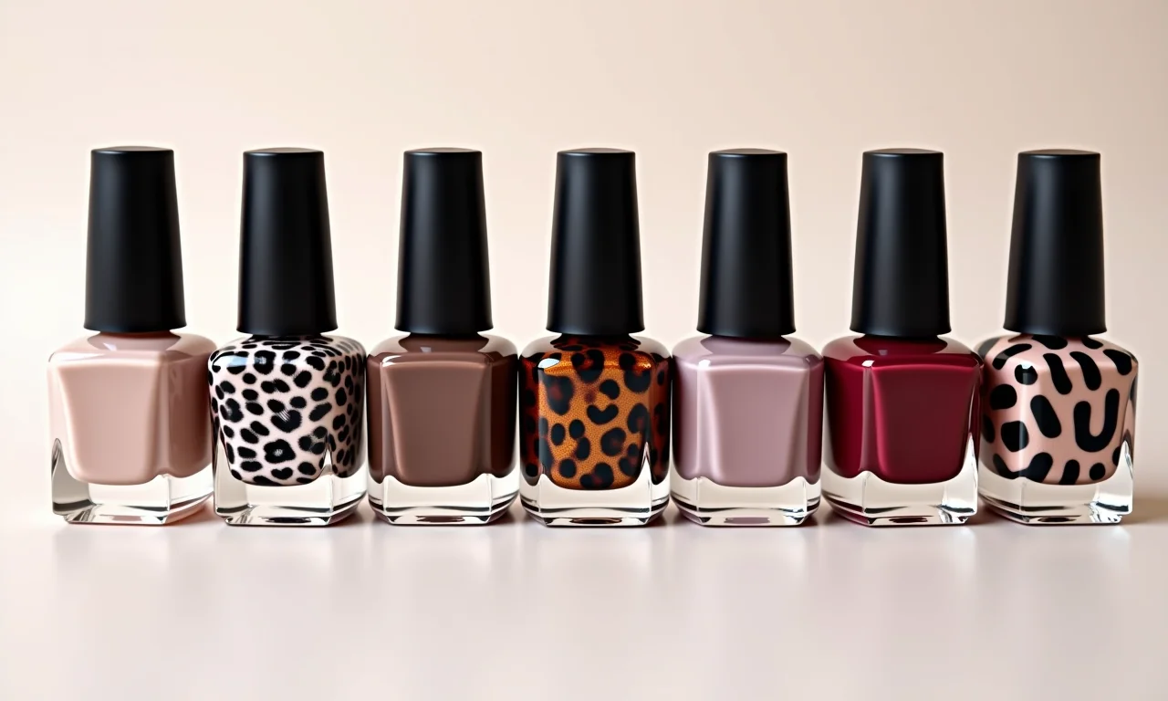 Coleção de esmaltes para unhas decoradas com estampas de animais.