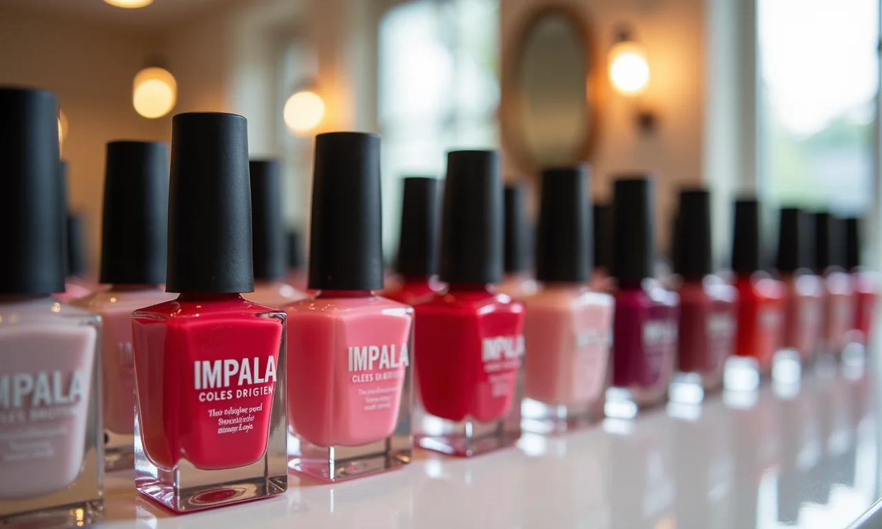 Coleções icônicas de esmaltes Impala em salão de beleza.