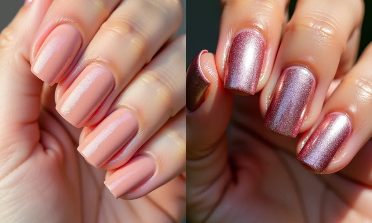 Comparação de esmaltes cremoso e cintilante em diferentes tons de pele.