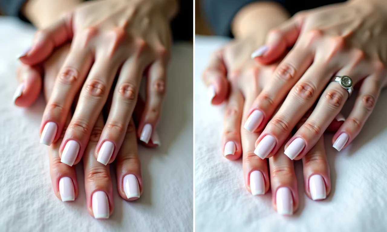 Comparação de unhas antes e depois da esmaltação em gel.