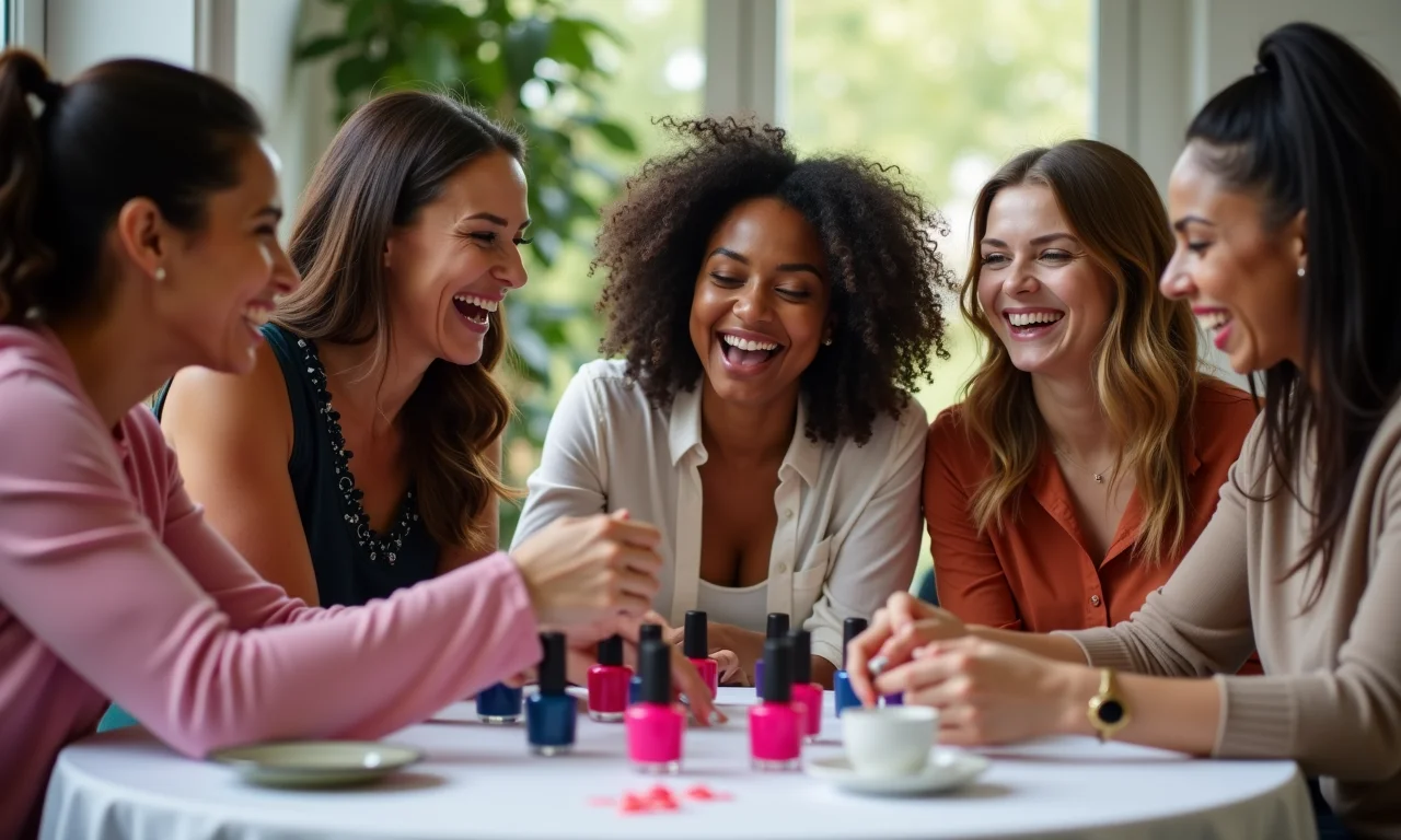Convidadas se divertindo em brincadeiras animadas no chá de esmalte.