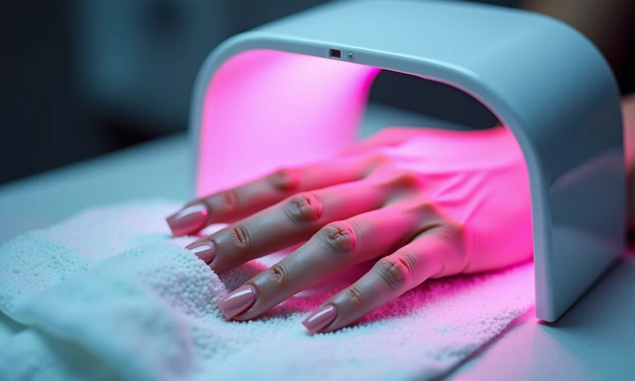 Cura de unhas de gel com lâmpada LED em close-up.