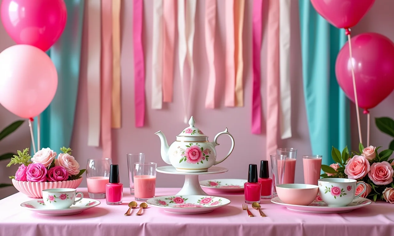 Decoração colorida e charmosa para chá de esmalte com balões e fitas.