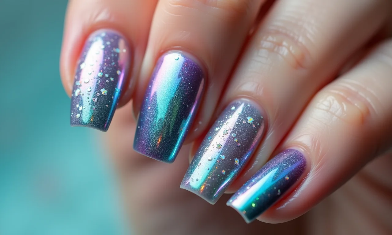 Decoração de unhas com adesivos holográficos sobre esmalte sereia.