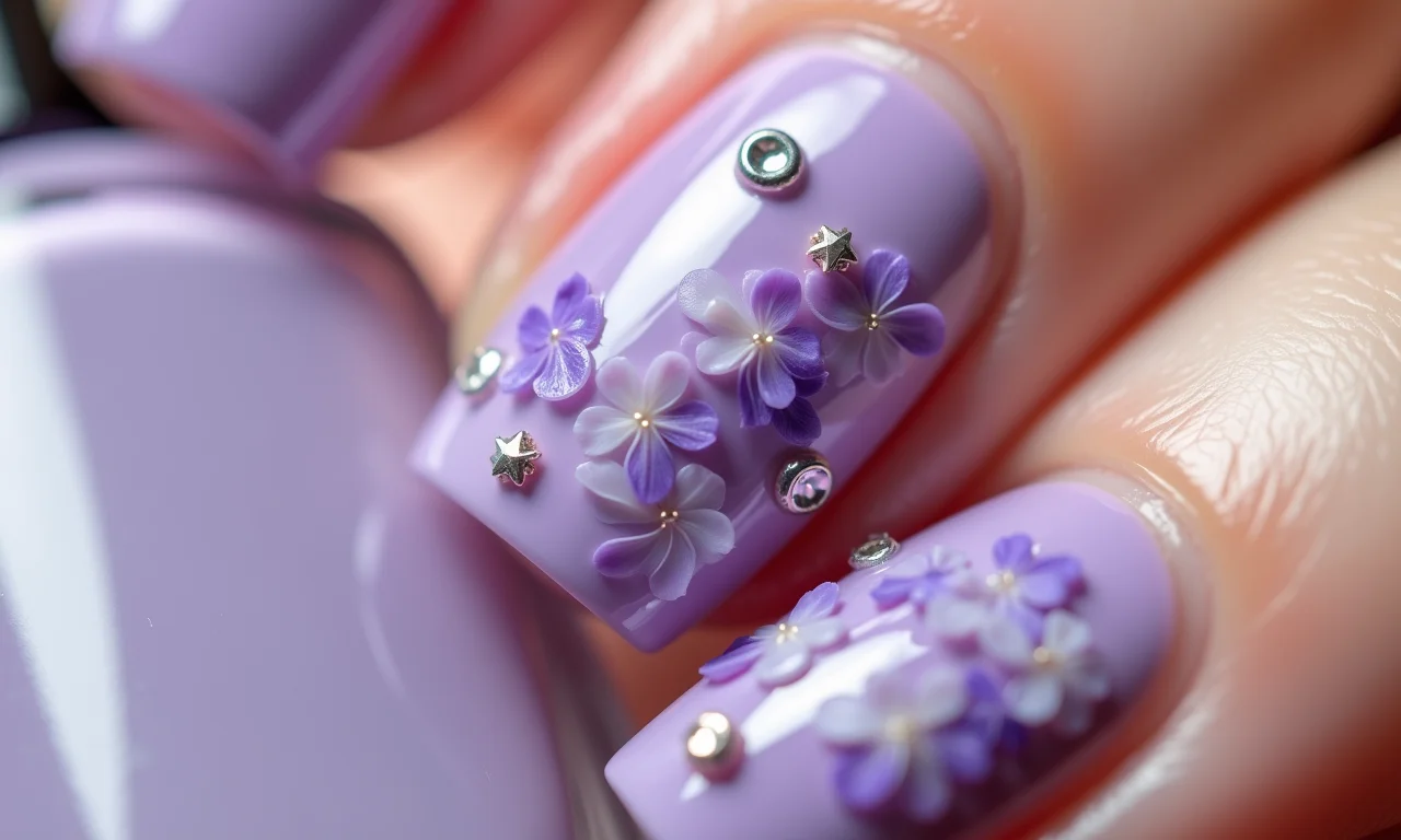 Decoração floral lilás em unhas com pequenas pedras como detalhes.