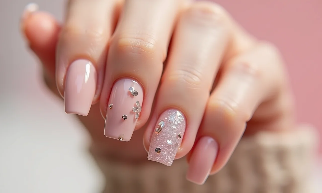 Decoração minimalista com adesivos em unhas de gel quadradas.