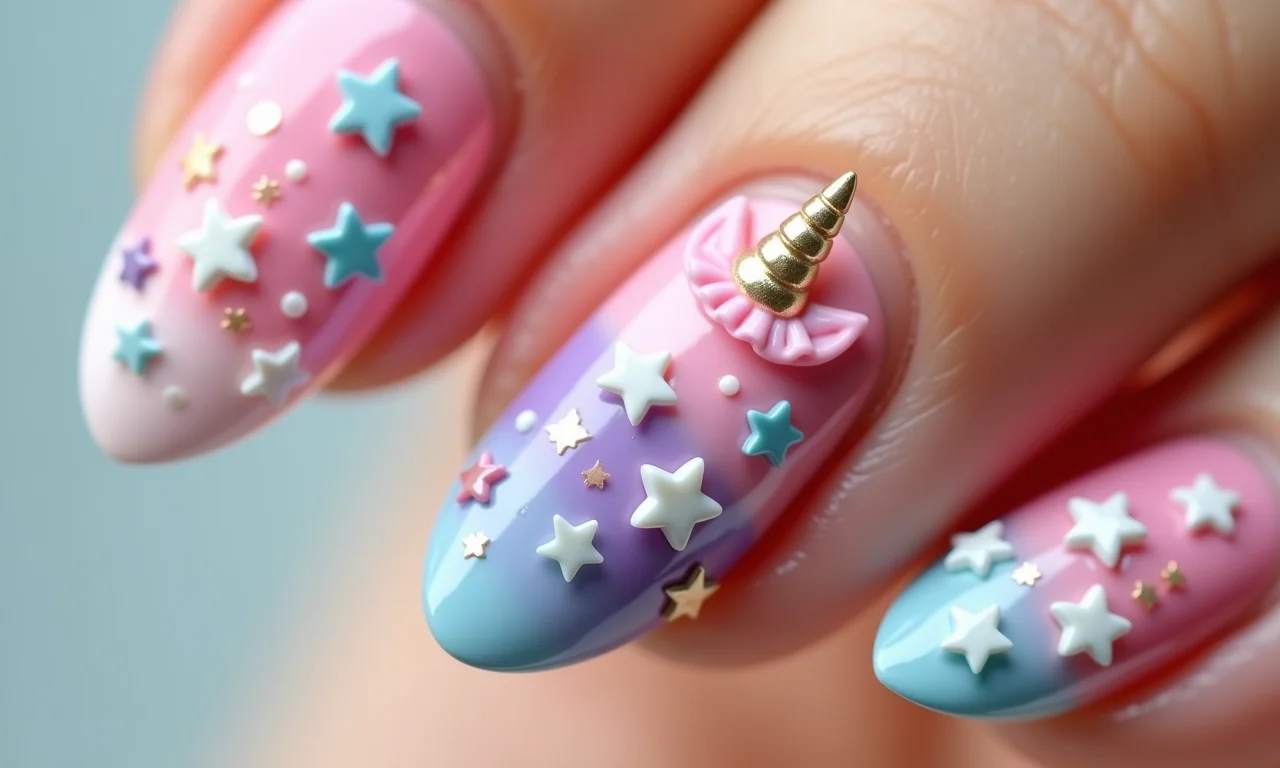 Decorações 3D em unhas de unicórnio