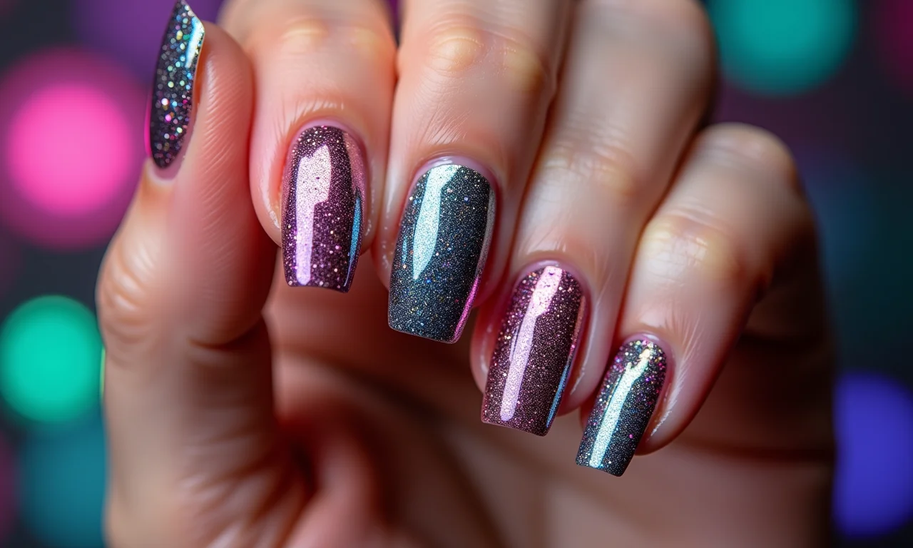 Dedos cobertos com esmalte glitterinado, cores vibrantes.