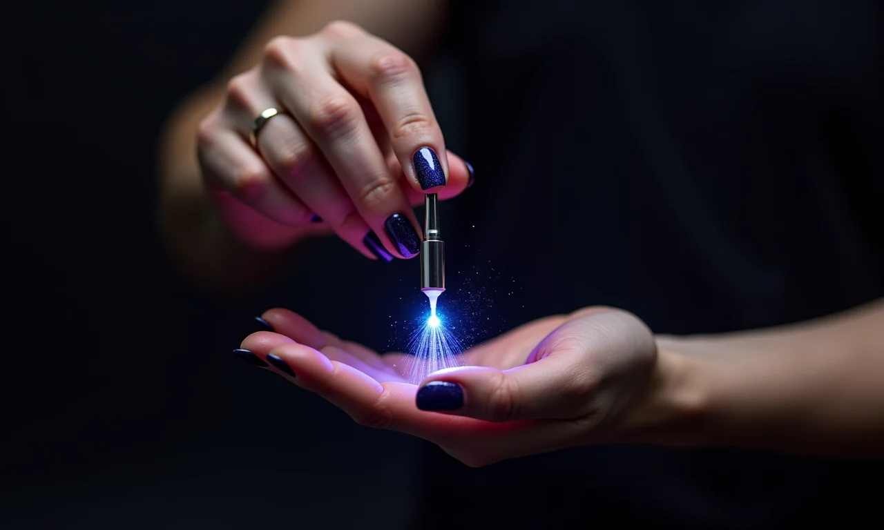 Dedos segurando imã sobre esmalte magnético, efeito galáxia.
