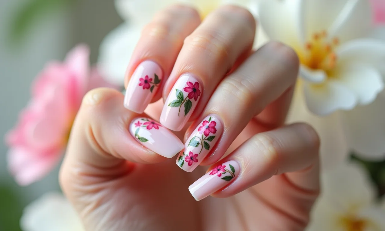 Delicada nail art floral em unhas de gel.