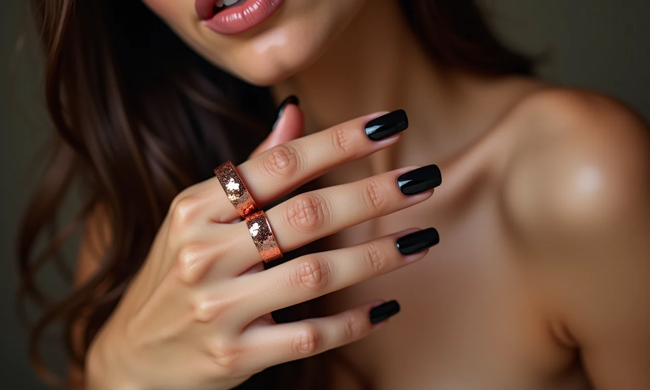 Delicadeza e charme: unhas pretas com glitter rosê.