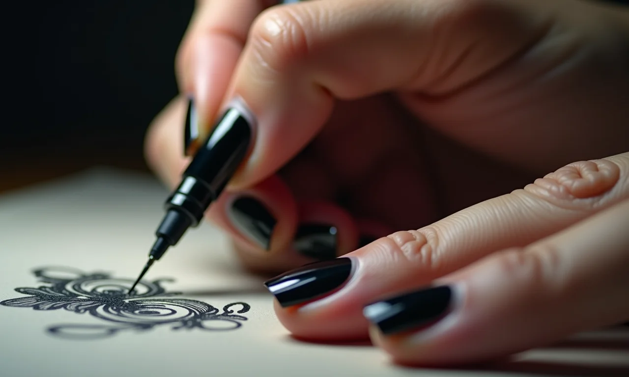 Desenhos à mão livre com caneta esmalte em unhas pretas.