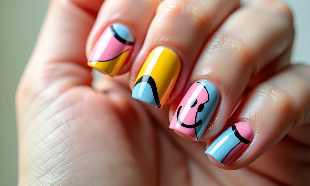 Desenhos abstratos com elementos de sorriso nas unhas