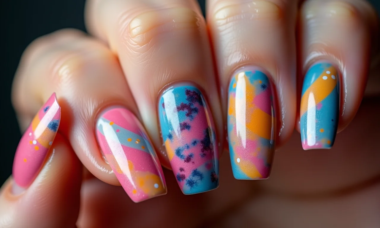 Desenhos abstratos em unhas de gel.