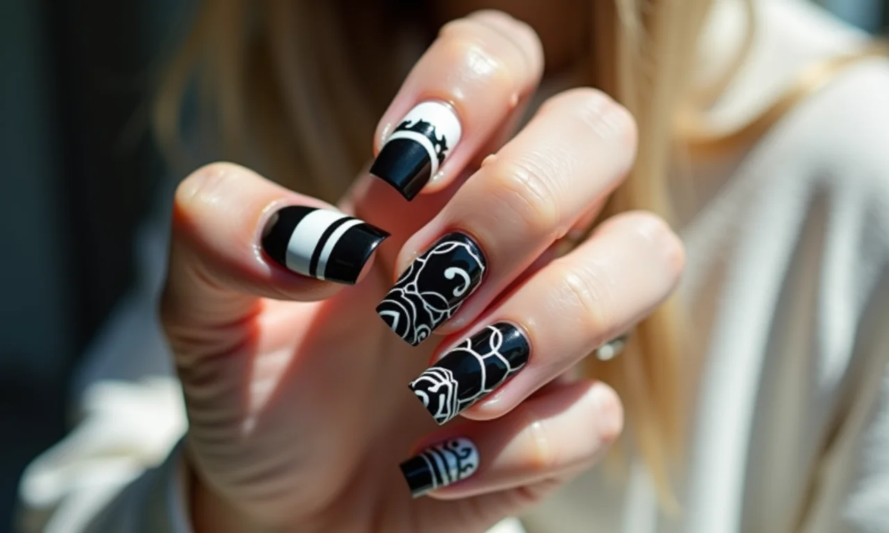 Desenhos geométricos em preto e branco nas unhas.