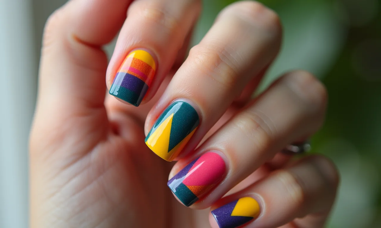 Desenhos geométricos em unhas curtas.