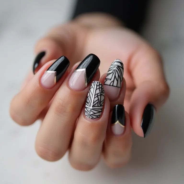 Desenhos geométricos em unhas de gel preta e branca.