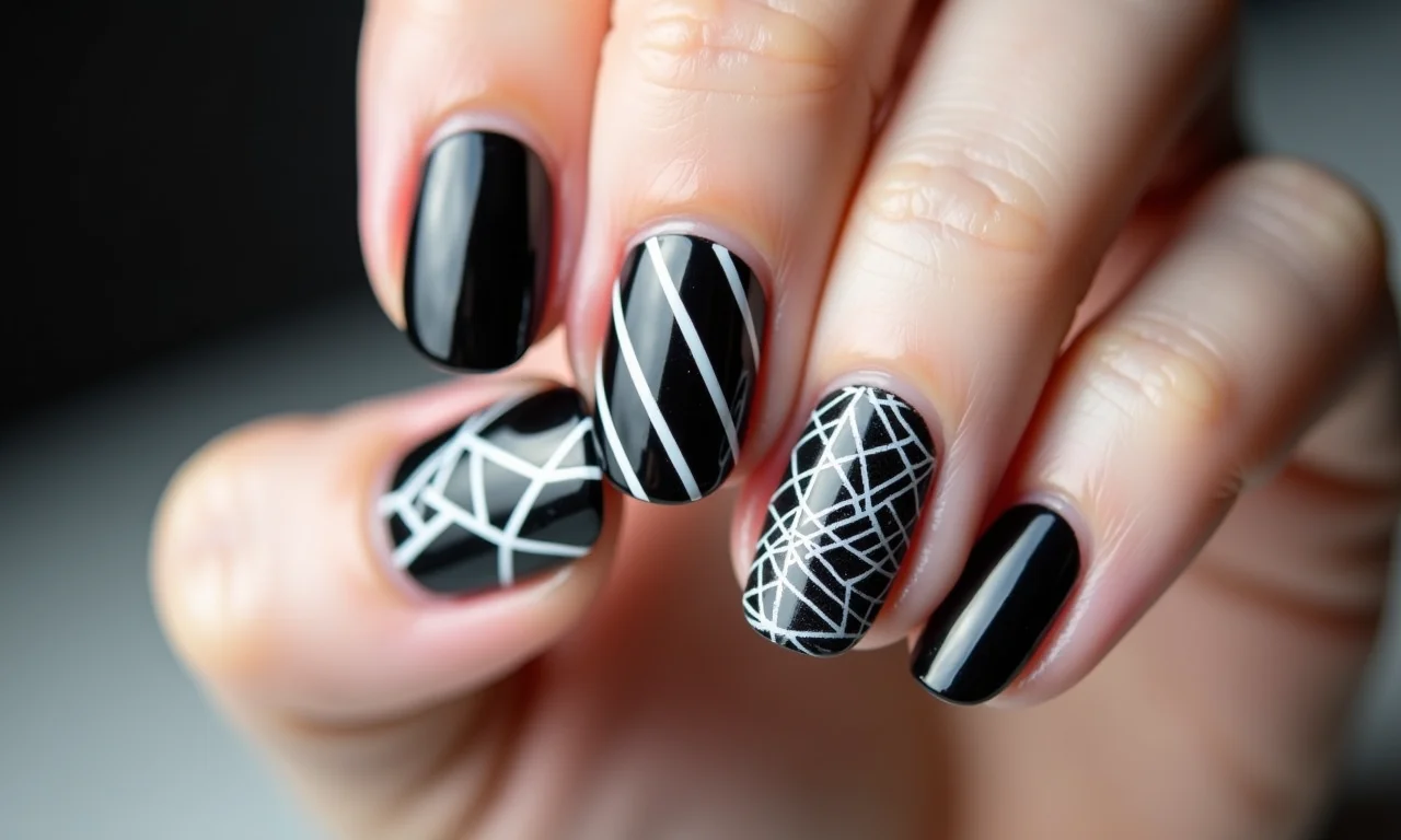 Desenhos geométricos em unhas de gel.