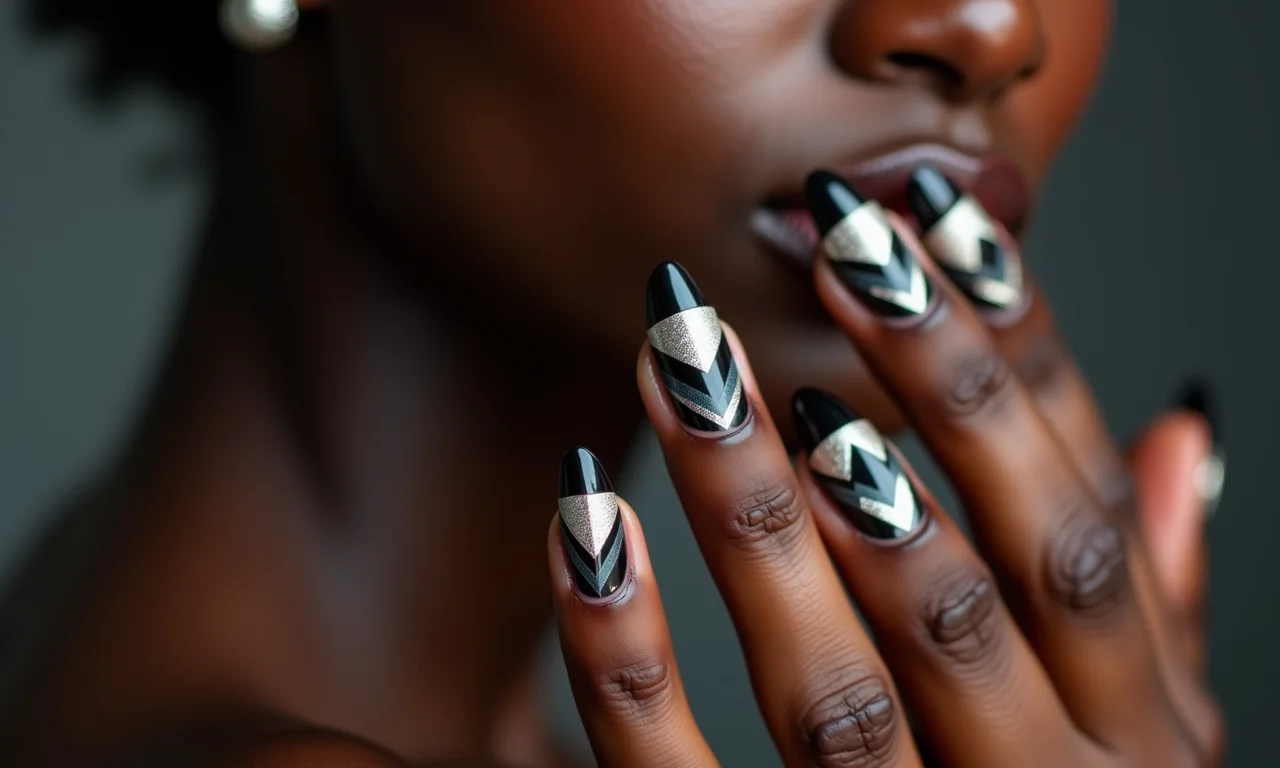 Desenhos geométricos em unhas pretas.