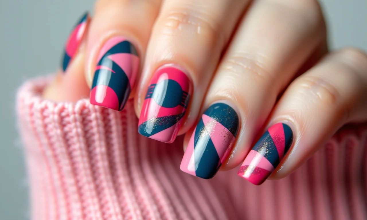 Desenhos geométricos em unhas redondas.