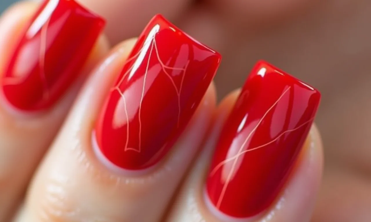 Desenhos geométricos em vermelho e branco, arte moderna nas unhas.