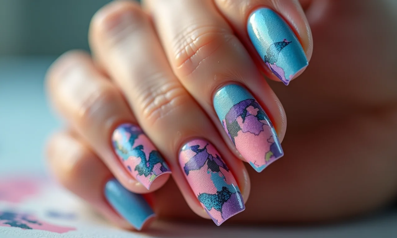 Desenhos geométricos modernos em unhas com tinta de tecido.