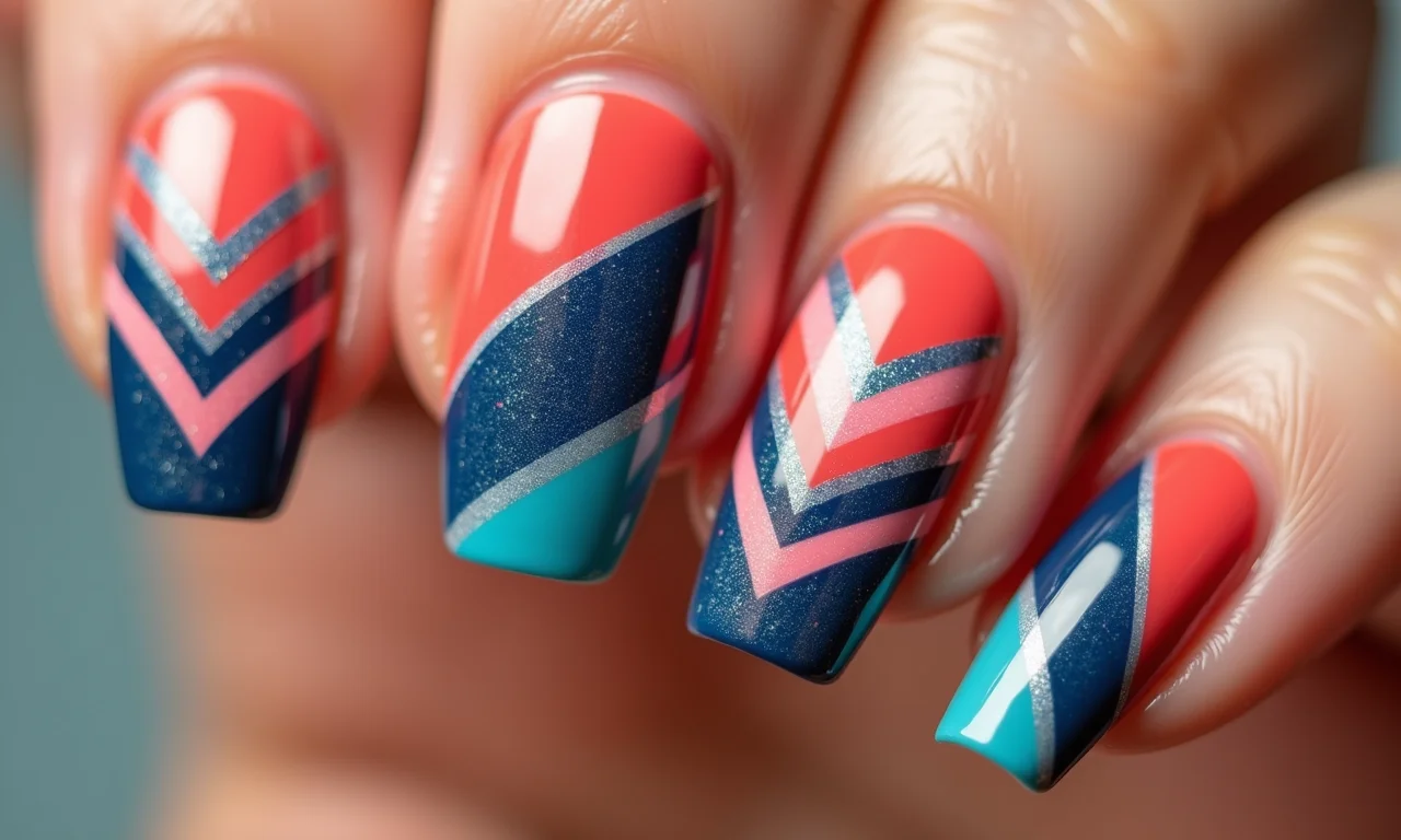 Desenhos geométricos modernos em unhas de gel.