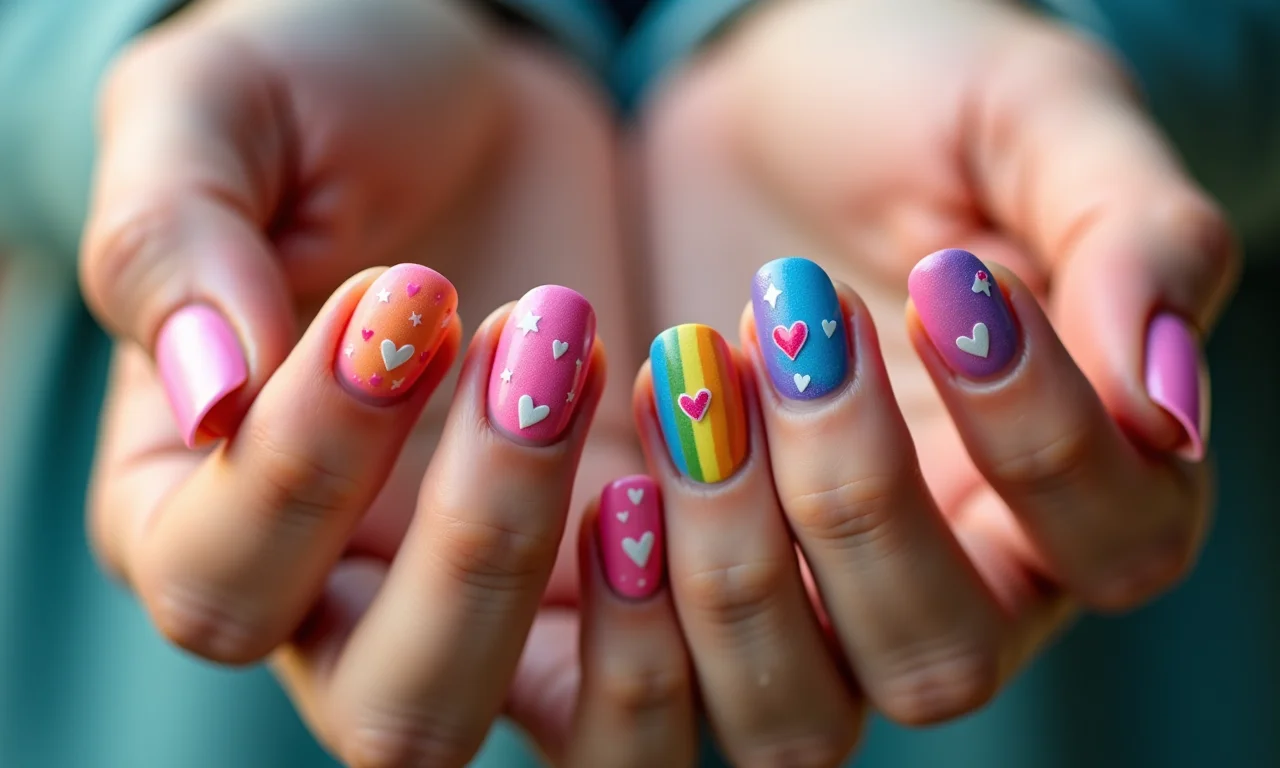 Desenhos temáticos de corações, estrelas e LGBT nas unhas.