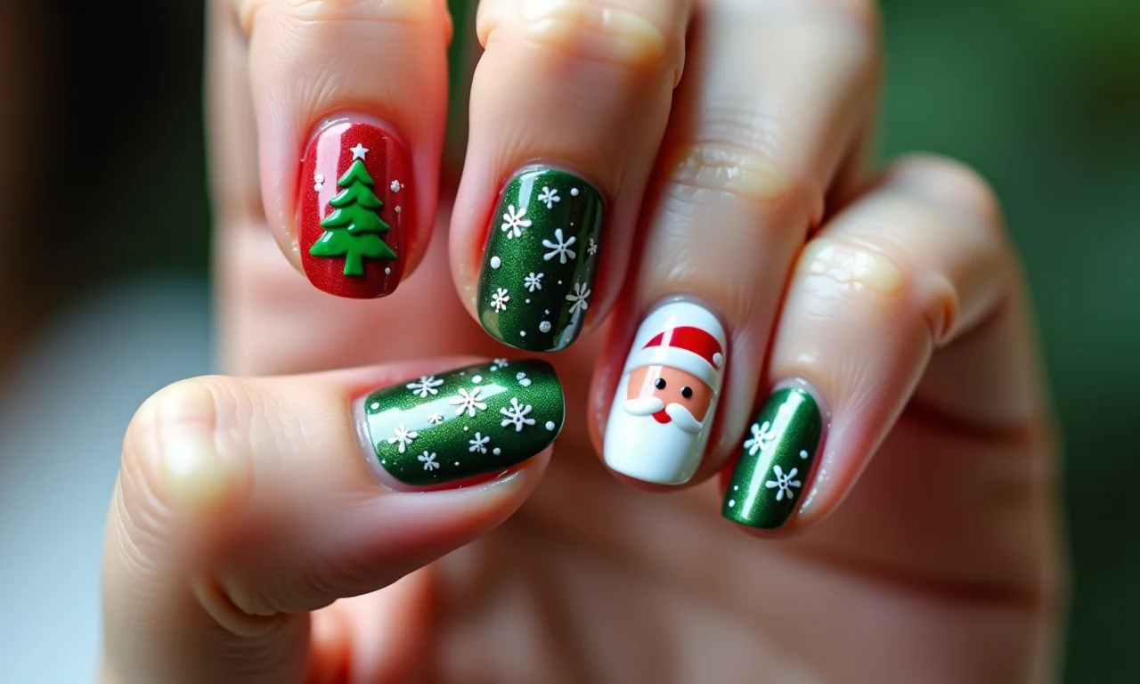 Desenhos temáticos de Natal em unhas decoradas: árvore, Papai Noel e flocos de neve.