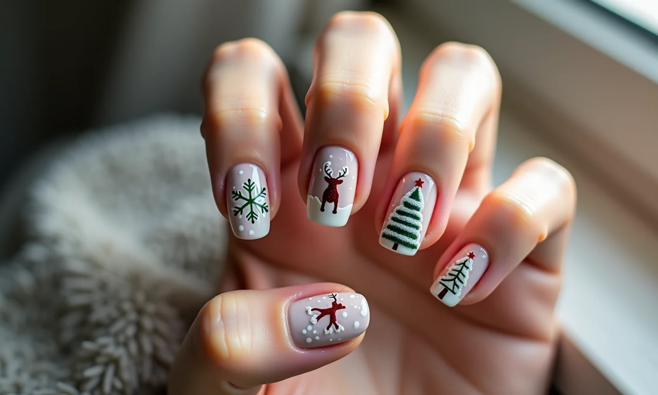 Desenhos temáticos de Natal nas unhas.