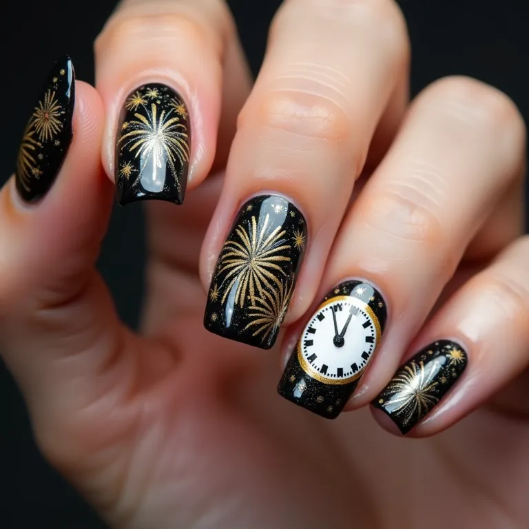 Desenhos temáticos de Réveillon pintados nas unhas.