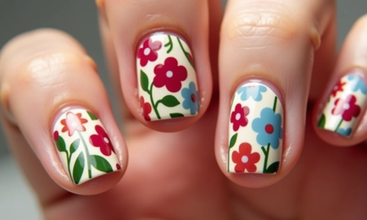 Desenhos temáticos em unhas curtas: flores e corações.