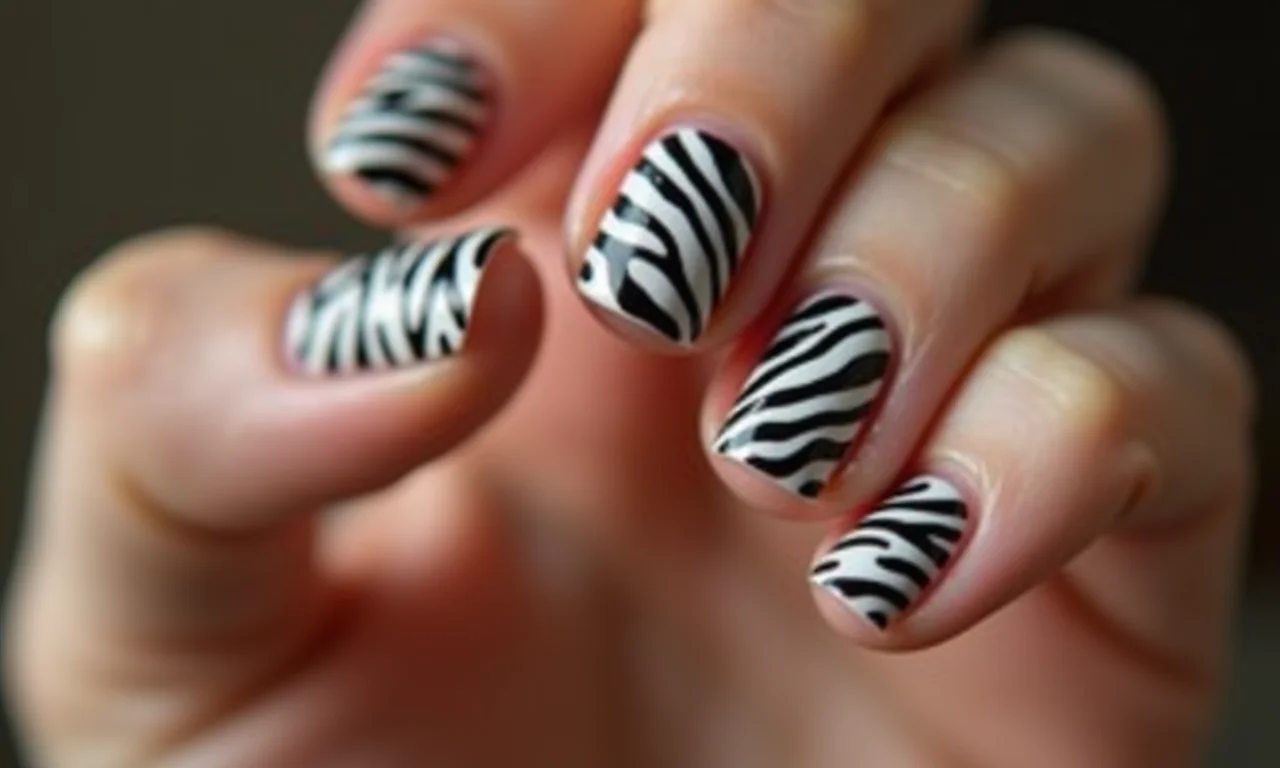 Design elegante de unhas com listras de zebra em mãos bem cuidadas.