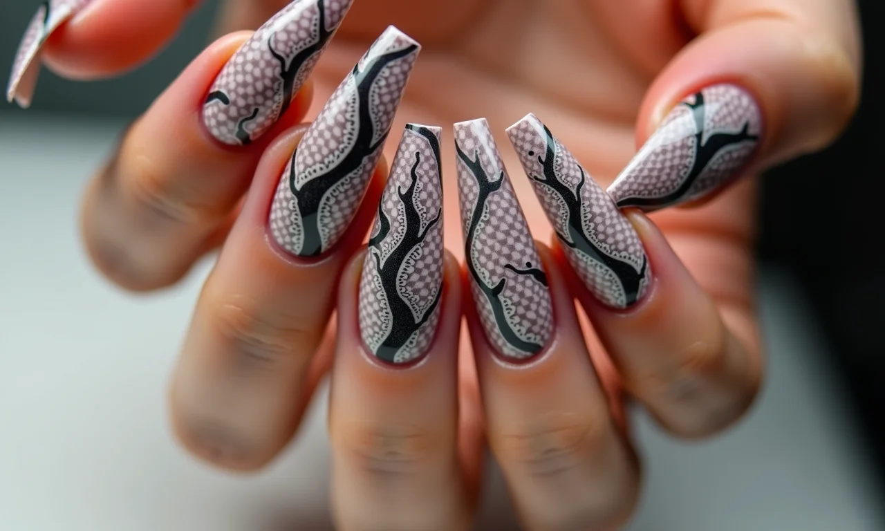 Design exótico de unhas com estampa de cobra em unhas stiletto longas.