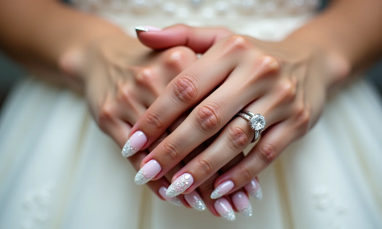 Detalhe das mãos de uma noiva com unhas decoradas para casamento e anel de noivado.