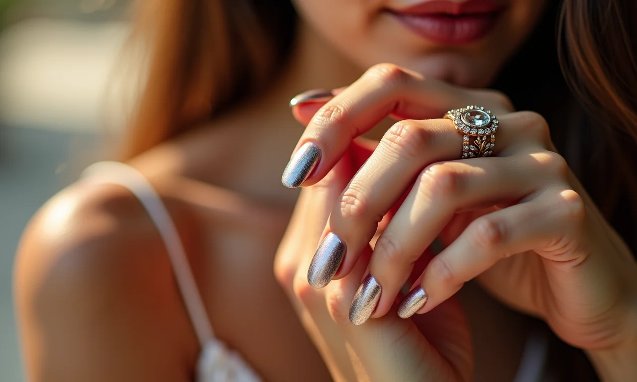 Detalhe de mãos com esmalte metálico Fina Flor brilhando intensamente.