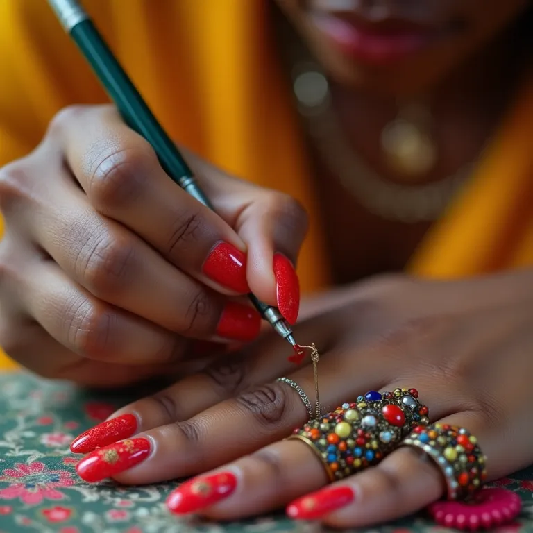 Detalhe de mãos femininas diversas criando unhas decoradas