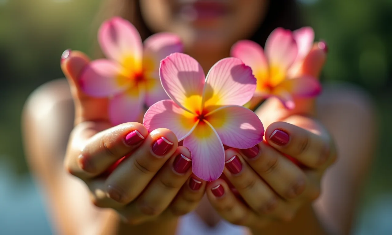 Detalhe de unhas com flores de verdade, mostrando a beleza natural e delicada.